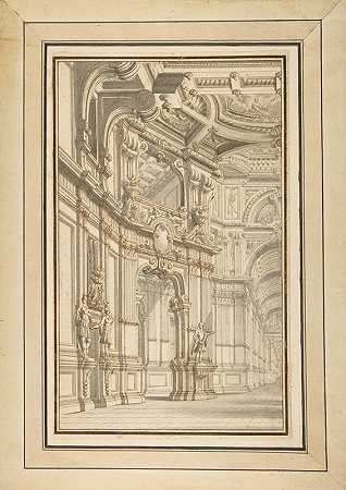 舞台布景设计，仅展示右半部分`Design for a Stage Set, Showing Right Half Only (1698–1772) by Prospero Zanichelli