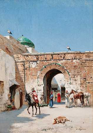北非城镇门口的骑手`Horseman At The Door Of A North~African Town by Victor Huguet