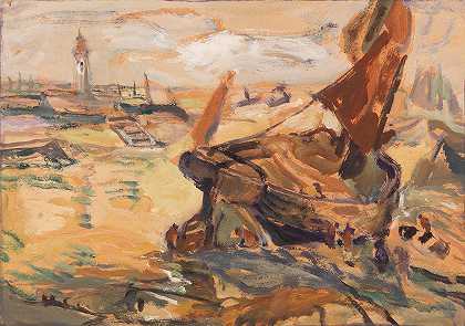 瓦登海中的帆船`Segelschiff im Watt (1912) by Julius Seyler