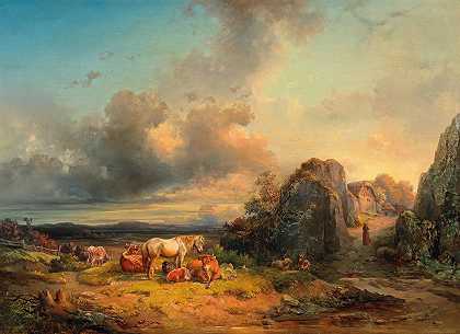 风景中的动物`Tiere In Landschaft (1854) by Edmund Mahlknecht