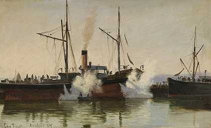 奥胡斯港的轮船`Dampfer im Hafen von Aarhus (1884) by Christian Vigilius Blache