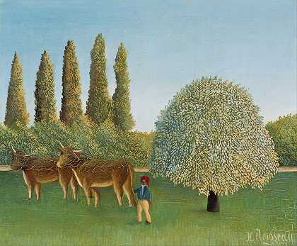 草地（牧场）`Meadowland (The Pasture) (1910) by Henri Rousseau
