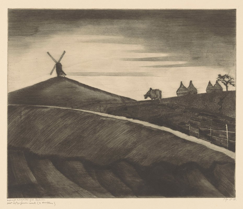 Etikhove附近有耕牛的丘陵景观`Heuvellandschap met ploegende os bij Etikhove (1926) by Lodewijk Schelfhout