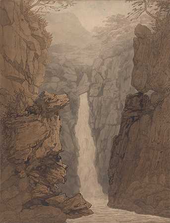 湖区瀑布`Waterfall in the Lake District (ca. 1782) by Joseph Farington