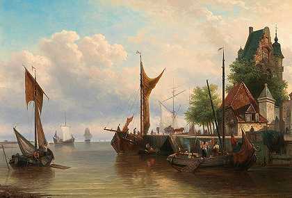海港里的帆船`Sailboats in the harbour by Elias Pieter van Bommel