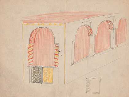纽约克里隆餐厅的设计草图。室内透视`Design sketches for Crillon Restaurant, New York, NY. Perspective of interior (1919) by Winold Reiss