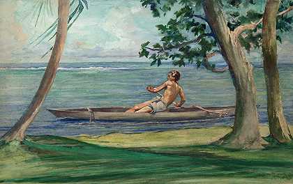 萨摩亚瓦亚拉，一个坐独木舟的男孩从我们家门口经过`Boy in Canoe Passing in Front of Our House, Vaiala, Samoa  (ca. 1895) by John La Farge