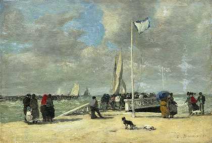 在码头上`On the Jetty (c. 1869~1870) by Eugène Boudin
