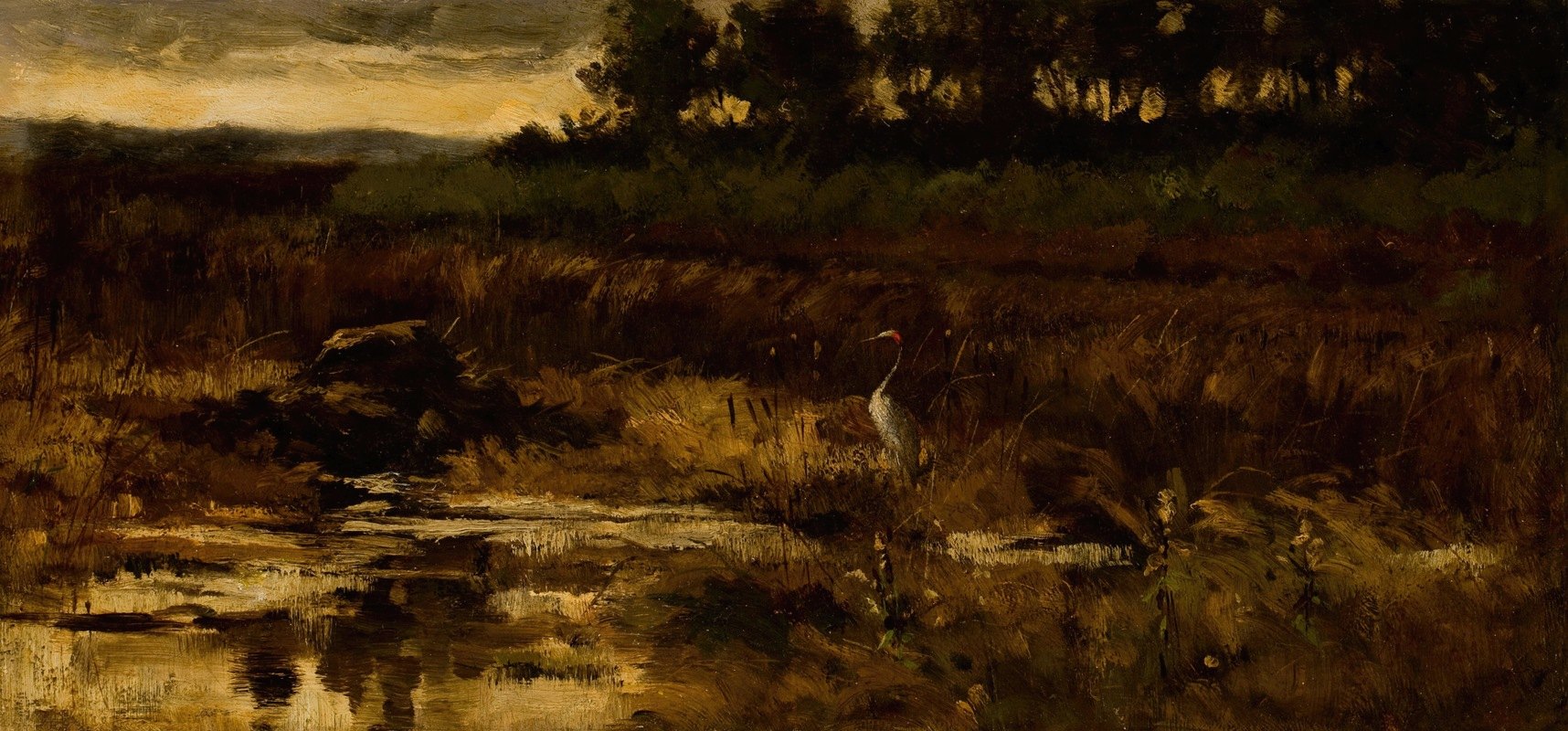 带白鹭的沼泽景观`Marsh Landscape with Egret (c. 1900) by Frederick Stuart Church
