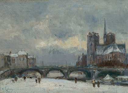 巴黎，圣母院，雪`Paris, Notre~Dame, neige (circa 1890~91) by Albert Lebourg