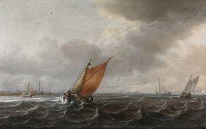 微风吹拂下轻舟的河口，远处哈勒姆的景色`A River Estuary With Light Shipping In A Strong Breeze, A View Of Haarlem Beyond by Justus de Verwer
