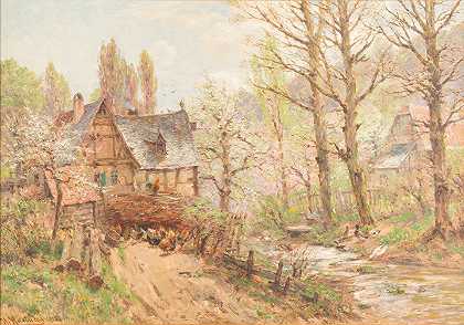 春天的农庄`Farmstead in spring (1918) by Heinrich Hartung