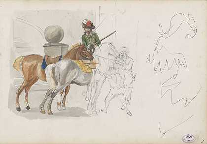 三个男人和一个男孩，带着三匹马`Drie mannen en een jongen bij drie paarden (1873) by George Hendrik Breitner
