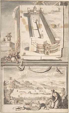 卡拉卡拉马戏团的重建（上图）和废墟景观（下图）`Reconstruction of the Circus of Caracalla (above) and a View of the Ruins (below) (before 1704) by Jan Goeree