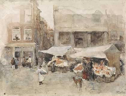 有花卉摊位的市场`Markt met bloemenstalletjes (1874 ~ 1925) by George Hendrik Breitner