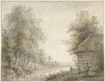 在森林边缘的一条运河旁的农民谷仓`Boerenschuur bij een vaart aan een boszoom (1745 ~ 1795) by Jacobus Versteegen