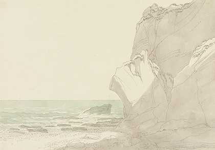 德文郡埃克斯茅斯附近的沃伦右边是陡峭的悬崖，左边是大海和岩石海岸`The Warren near Exmouth, Devon; Steep Cliffs Rising at Right, Sea and Rocky Shore at Left (1810) by John White Abbott