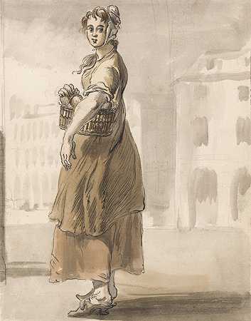 伦敦在哭泣;一个拿着一篮橘子的女孩`London Cries; A Girl with a Basket of Oranges (ca. 1759) by Paul Sandby