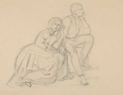 《王子与跪着的女士》画作研究西格斯蒙德·奥古斯都的成长`Study of the Prince and a Kneeling Lady for the Painting The Upbringing of Sigismund Augustus (1861) by Józef Simmler
