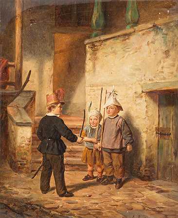 扮演士兵的孩子`Children playing soldiers (1859) by Auguste Bachelin