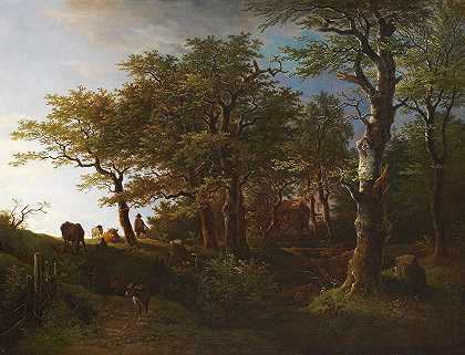 有牛和牧羊人的轻森林景观`Lichte Waldlandschaft mit Vieh und Hirten (1807) by Max Joseph Wagenbauer