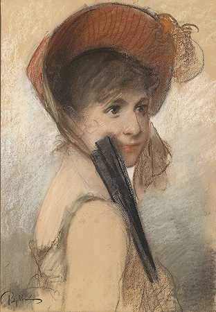 一个戴着帽子和扇子的女孩的肖像`Bildnis eines Mädchens mit Hut und Fächer by Bruno Piglhein