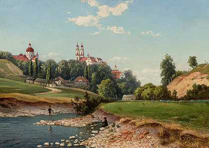 维尔纽斯的传教士和探访姐妹教会景观`View of the church of Missionaries and Visitation Sisters in Vilnius (1870) by Józef Marszewski