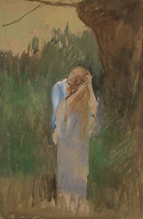 穿着landcape的女人梳理着她的金色长发`Woman in landcape, combing her long, blond hair by Edwin Austin Abbey
