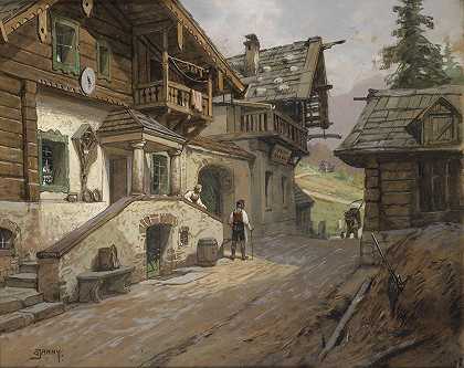阿尔卑斯山村路`Dorfstraße in den Alpen by Georg Janny