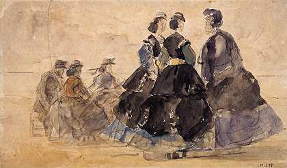坐在海边的女人和各种各样的角色`Femme assise et divers personnages au bord de la mer (1865~1870) by Eugène Boudin
