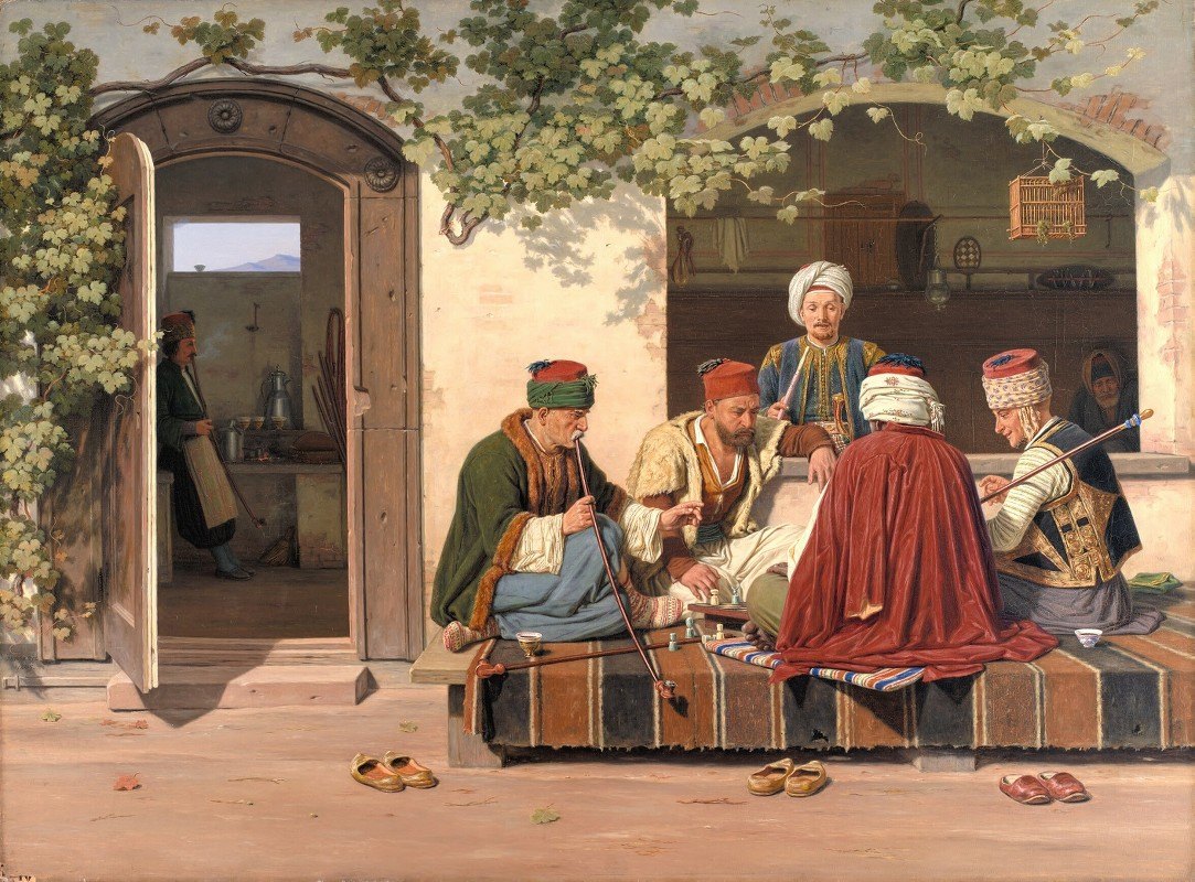 土耳其咖啡馆和理发店外的一队棋手`A party of chess players outside a Turkish coffeehouse and barbershop (1844 ~ 1845) by Martinus Rørbye