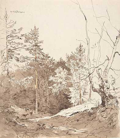 罗恩河畔韦巴赫的牛群景观`Landscape with cattle in Weißbach on the Rhön (1841) by Carl Wagner