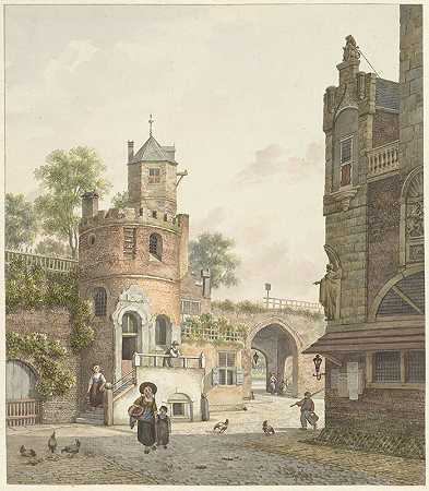 从里面看，有一座塔和一扇门的城墙`Stadsmuur met een toren en een poort, van binnen gezien (1788 ~ 1846) by Jan Hendrik Verheijen