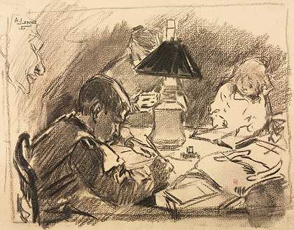 围绕着灯`Around the Lamp (1888) by Auguste Louis Lepère