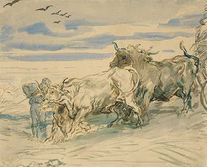 牛拉车的牧人`Drover with Oxen Pulling a Cart (1840~41) by Théodore Chassériau