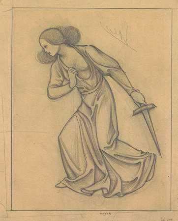 贝乌斯·范·贝拉格的壁画设计拔出剑的站着的女人`Ontwerp voor wandschildering in de Beurs van Berlage; staande vrouw met getrokken zwaard (1869 ~ 1925) by Antoon Derkinderen
