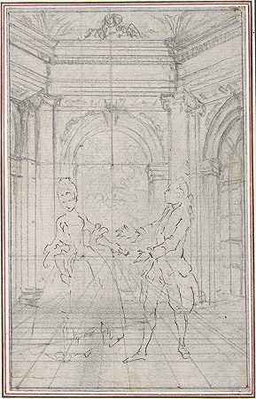 德劳琼场景设计%s十五岁的恋人，或者双人派对…`Design for a Scene in de Laujons LAmoureux de quinze ans, ou la Double~Fête… (18th century) by Hubert-François Gravelot