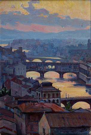 阿诺日落`Sunset over Arno (1911) by Ambroży Sabatowski