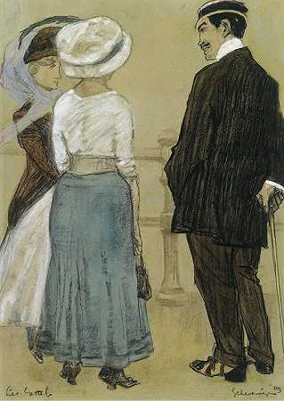 在舍维宁根大道上的对话`Conversation On The Boulevard, Scheveningen (1909) by Leo Gestel