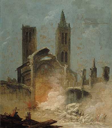 拆除圣约翰教堂，1800年`La Démolition de léglise Saint~Jean~en~Grève, en 1800 (1800) by Hubert Robert