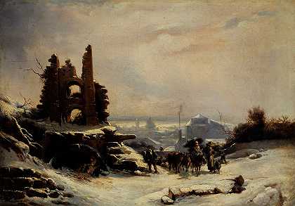 市场回归（巴黎雪景）`Le retour du marché (effet de neige sur Paris) (1830) by Louis Claude Mallebranche