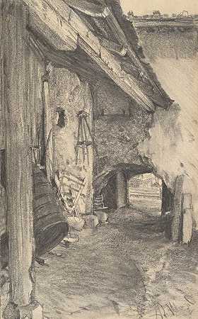 庭院景观`View into a Courtyard (ca. 1880–90) by Adolph Menzel