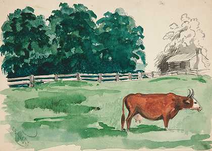 前景是奶牛的牧场场景`Pasture scene with cow in foreground by Edwin Austin Abbey