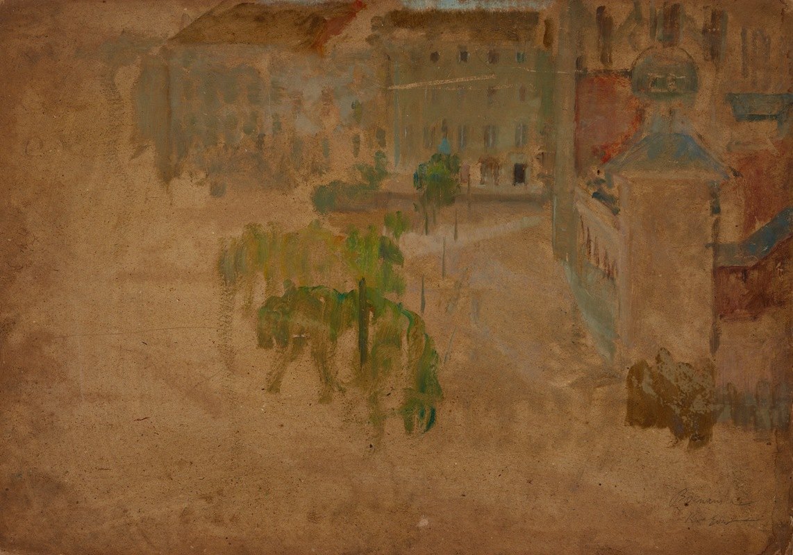克拉科夫的主要市场广场——一条街道的碎片`Main Market Square in Krakow – Fragment of a Street (1888) by Olga Boznanska