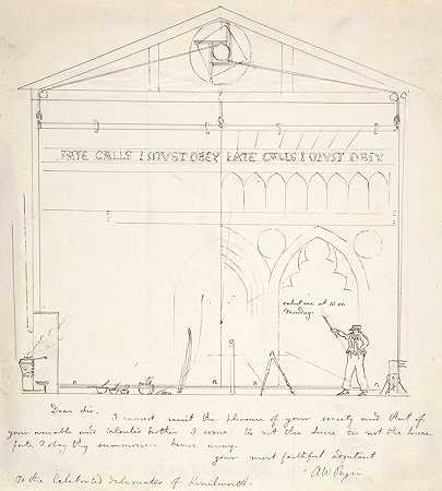 艺术家画舞台风景素描的信`Letter with Sketch of Artist Painting Stage Scenery (1831) by Augustus Pugin