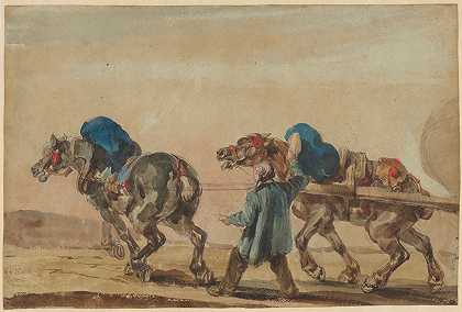 有车夫的工作马`Workhorses with a coachman (1846) by Piotr Michałowski