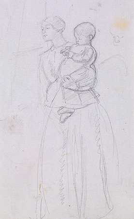 丁尼生这是《伯利之王》——伯利夫人之死——护士和男孩的素描`Tennysons The Lord of Burleigh – The Death of Lady Burleigh – Sketch of the Nurse and Boy (1855~56) by Sir John Everett Millais