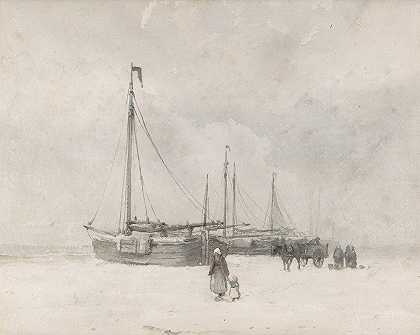冬天海滩上的渔船`Fishing Boats on the Beach in Winter (mid to late 19th century) by Anton Mauve