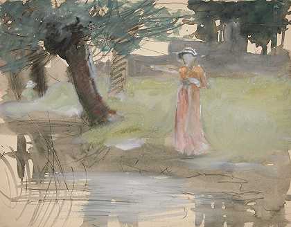 站着的女人`Woman standing by a riverbank by a riverbank by Edwin Austin Abbey