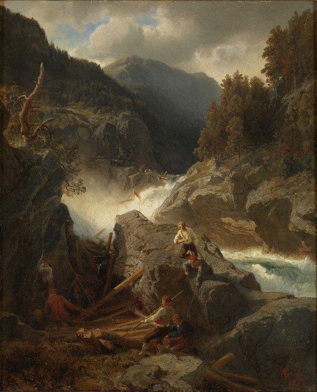 哈林达尔瀑布`Waterfall in Hallingdal (1859) by Hans Gude